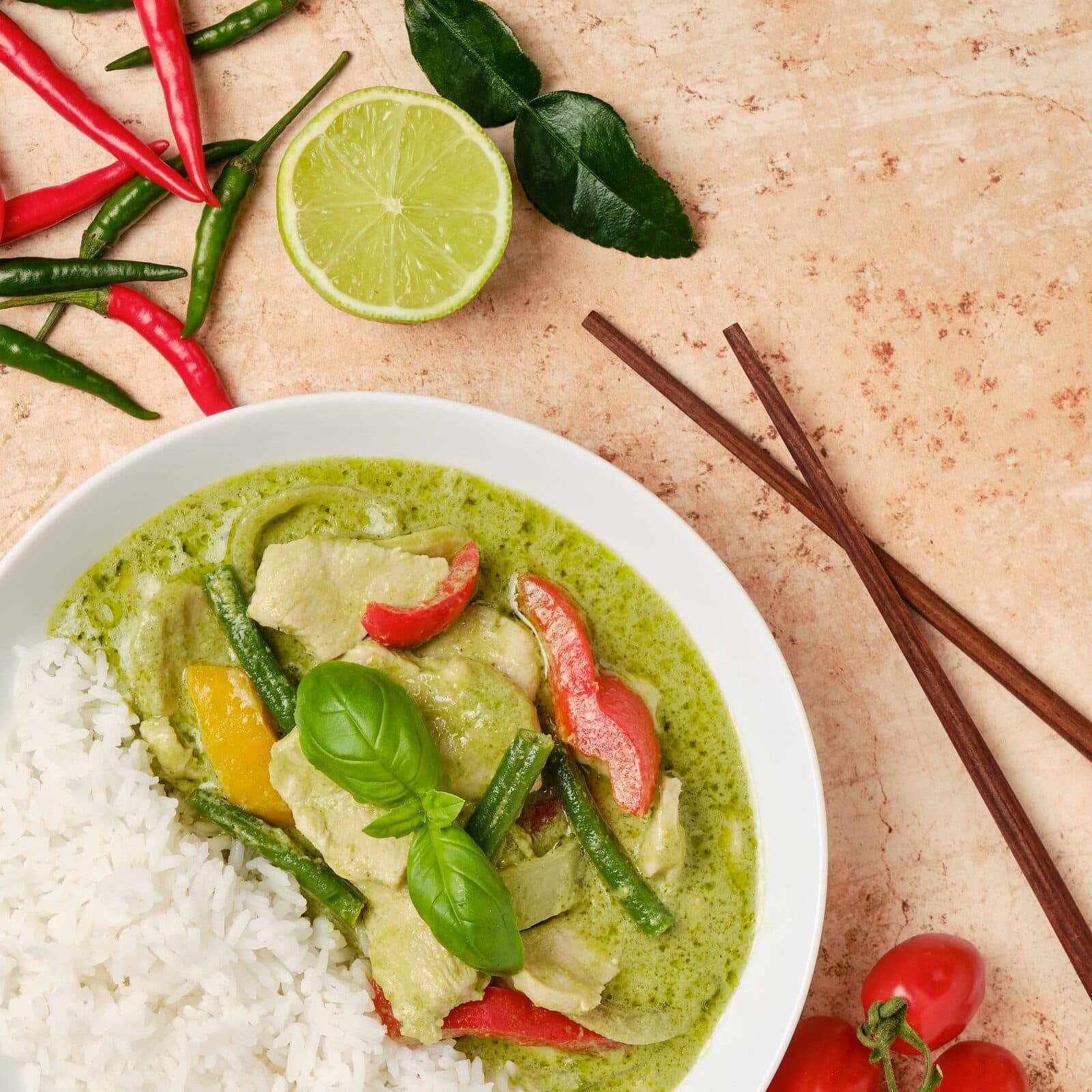 Thai green curry with chillies, lime and kaffir lime leaves