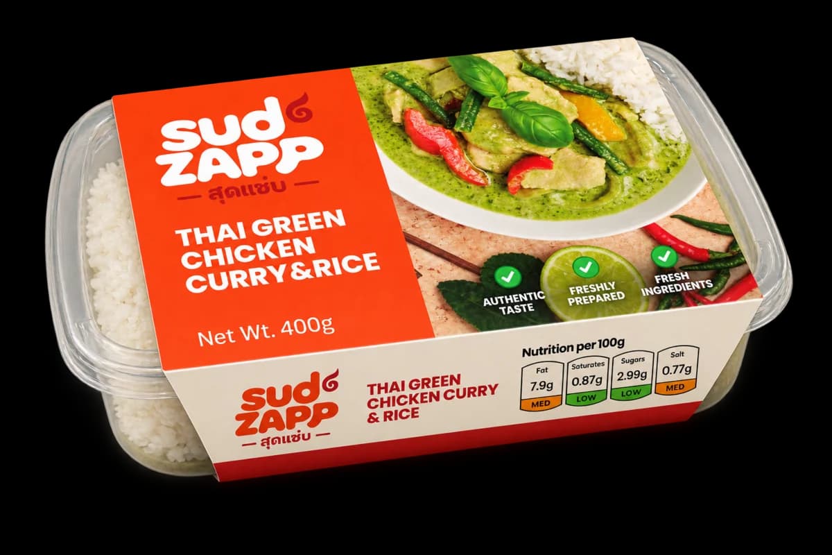 SudZapp Thai green chicken curry and rice ready meal